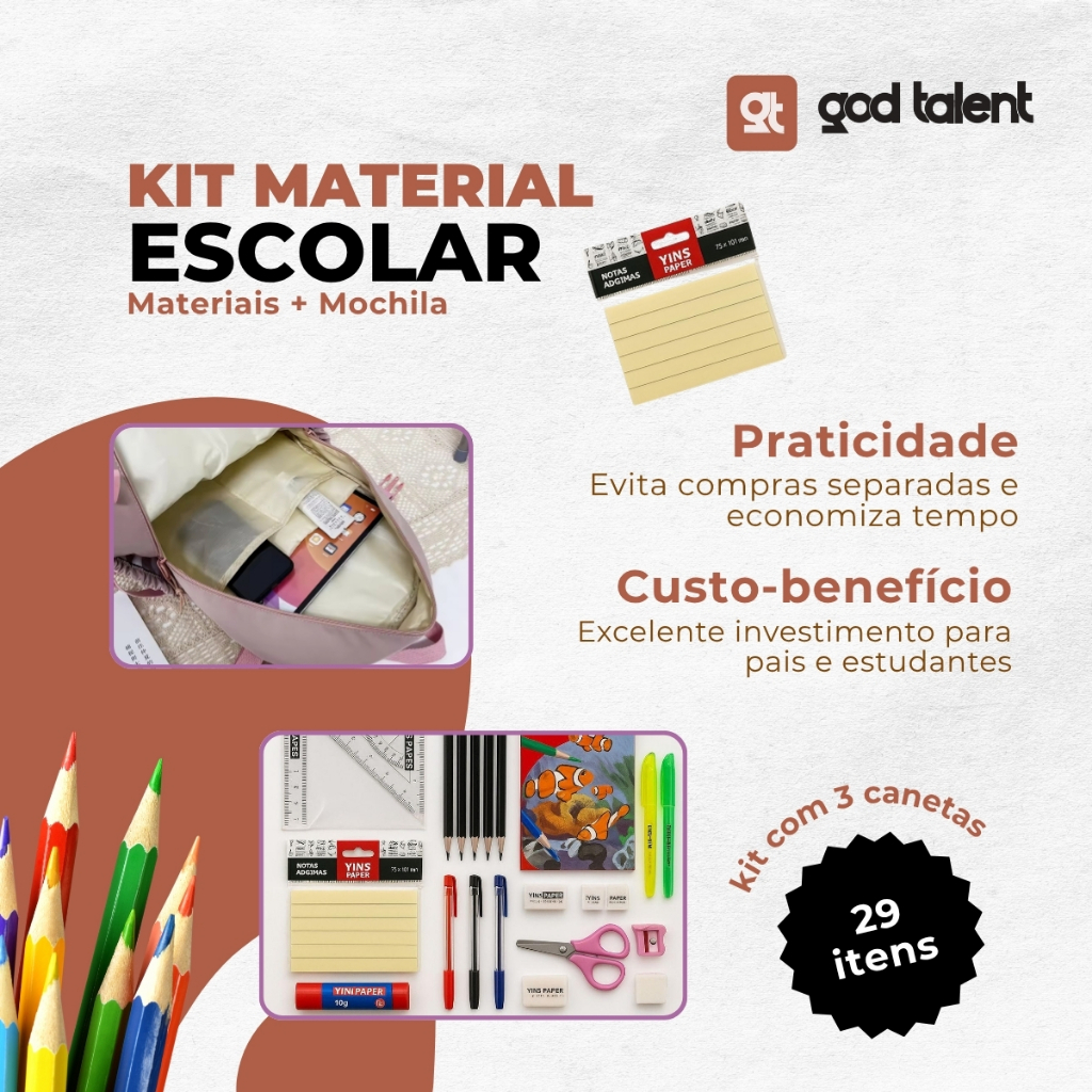 Kit Material Escolar com Mochila e caderno 2026