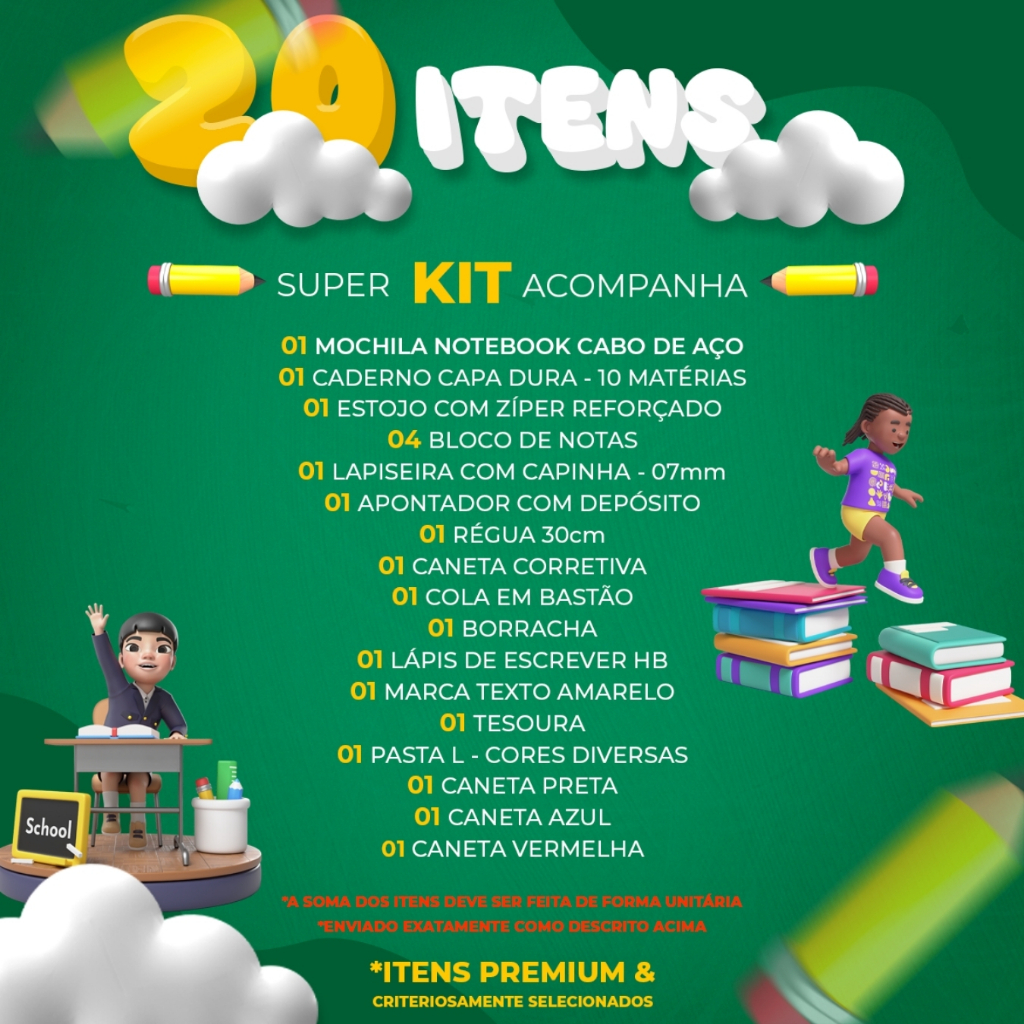 Kit Material Escolar Completo Ensino Médio Faculdade Mochila Notebook Cabo de Aço Caderno Caneta