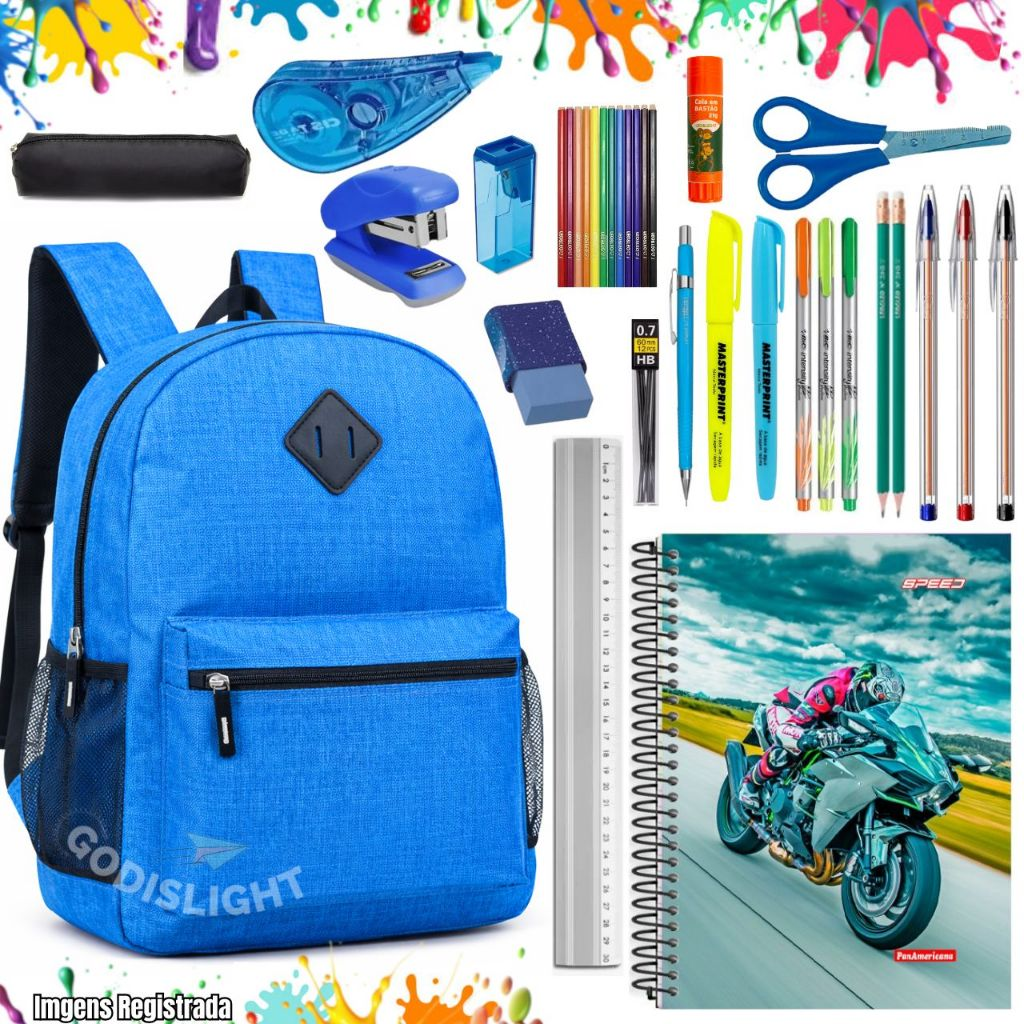 Kit Material Escolar Completo 33 Item Com ou Sem Mochila Caneta Caderno Grampeado Lista Premium 2026