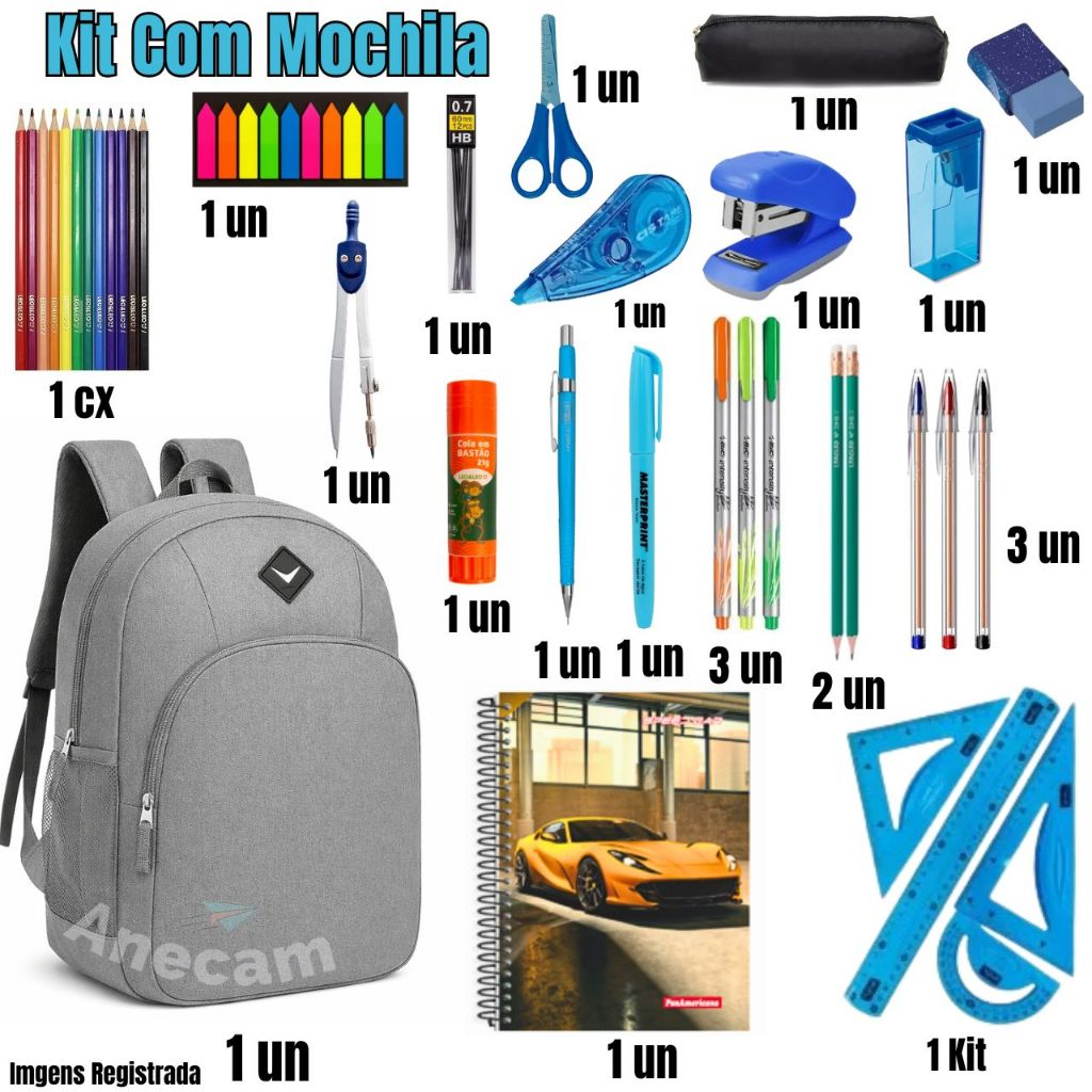 Kit Escolar Masculino Completo com Mochila | Uso Escolar Diário