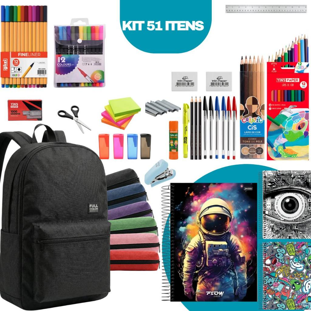Material Escolar Kit Completo Mochila Ensino Fundamental Médio Faculdade Volta as Aulas 51 Itens