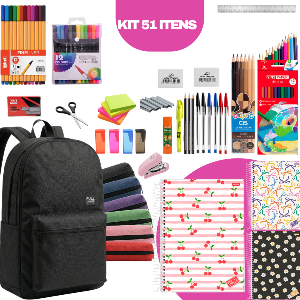 Material Escolar Kit Completo Mochila Ensino Fundamental Médio Faculdade Volta as Aulas 51 Itens