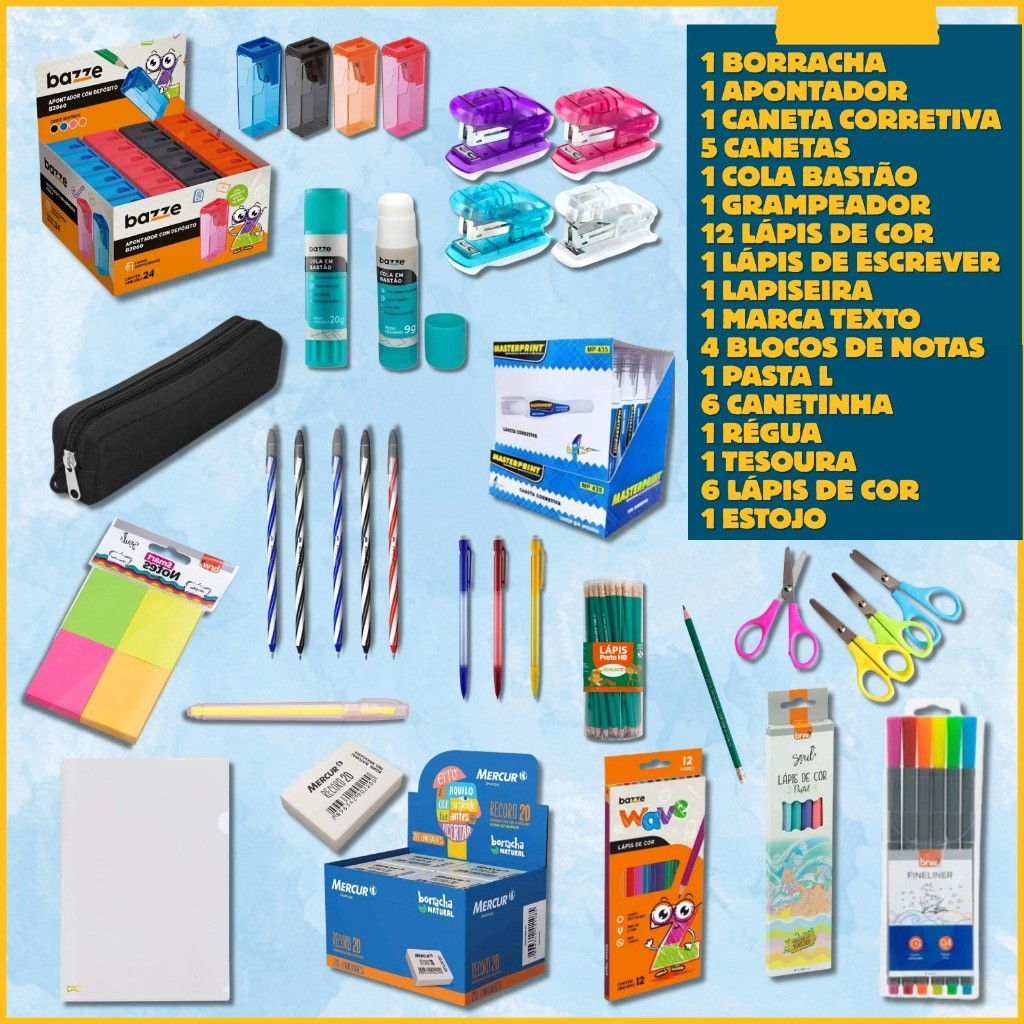 Kit material escola completo 48 ITENS com/sem mochila feminina masculina fundamental médio faculdade